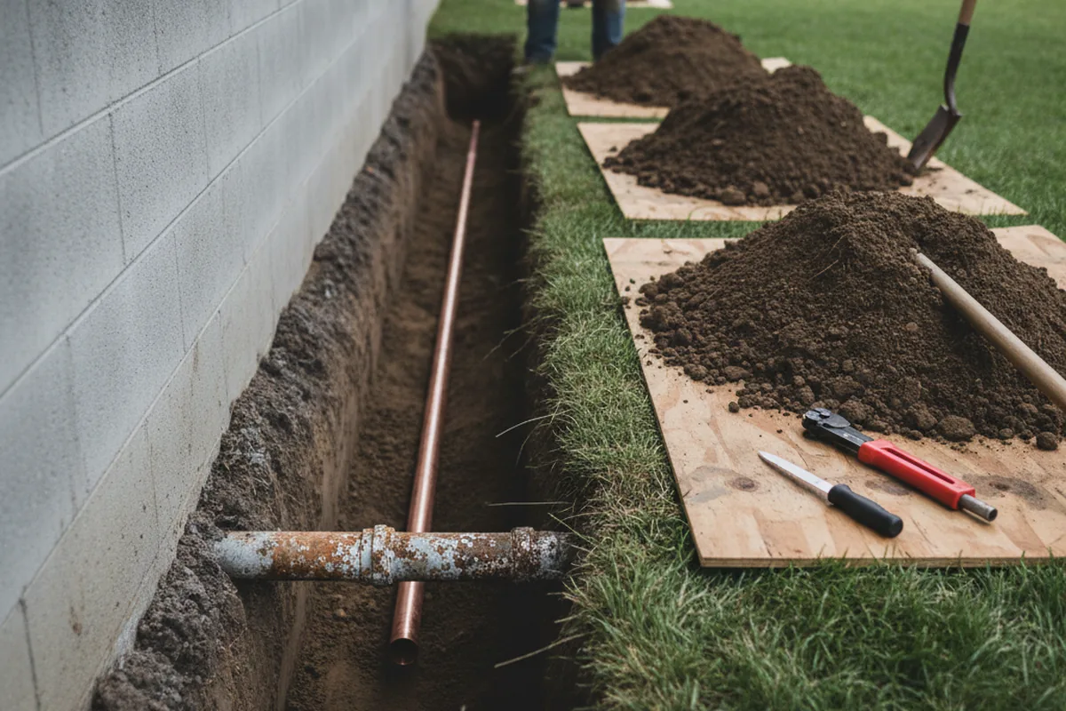 Excavated water line trench during Sewer Line Repair in Slinger
